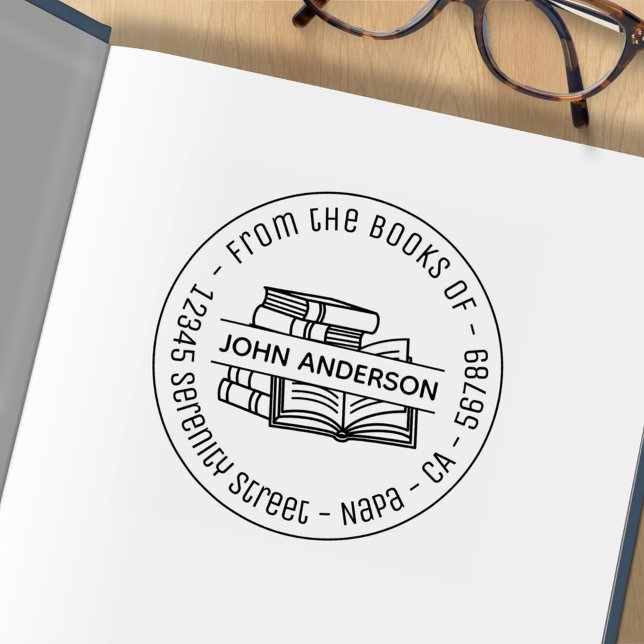 Stack of Books Round Address Bookplate 4 Rubber Stamp (Creator Uploaded)