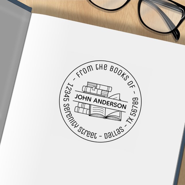 Stack of Books Round Address Bookplate 4 Rubber Stamp (Creator Uploaded)