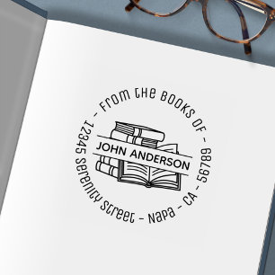 Stack of Books Round Address Bookplate Self-inking Stamp