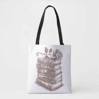Stack of Books topped with a Rose Tote Bag