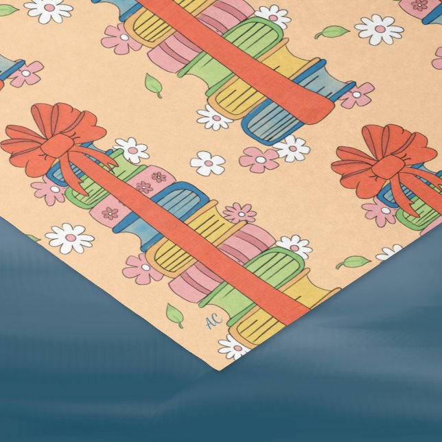 Stack of Books with Bow Pattern Retro Tissue Paper (Beige tissue paper for book lovers .)