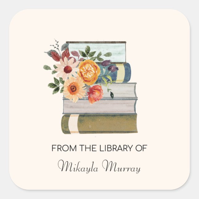 Stack of Books with Flowers Personalised Bookplate Square Sticker (Front)