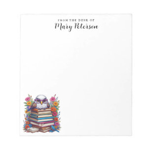 Stack Of Books With Owl And Colourful Flowers Notepad