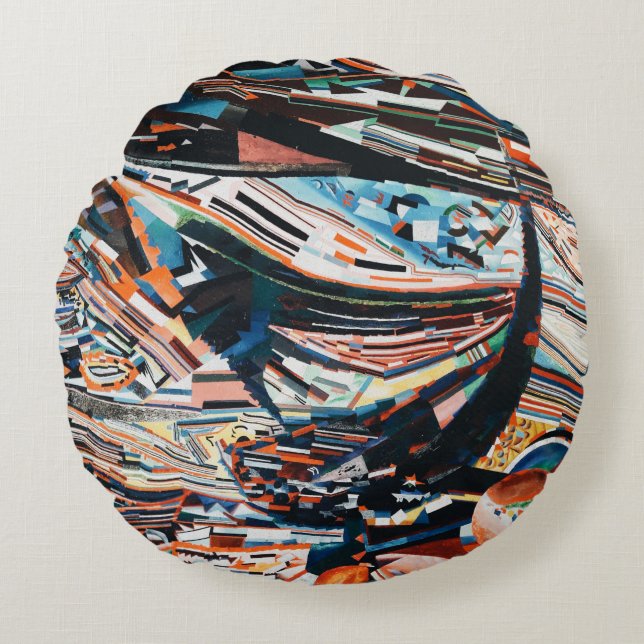 Stack of brown and blue wooden boat lot round cushion (Front)