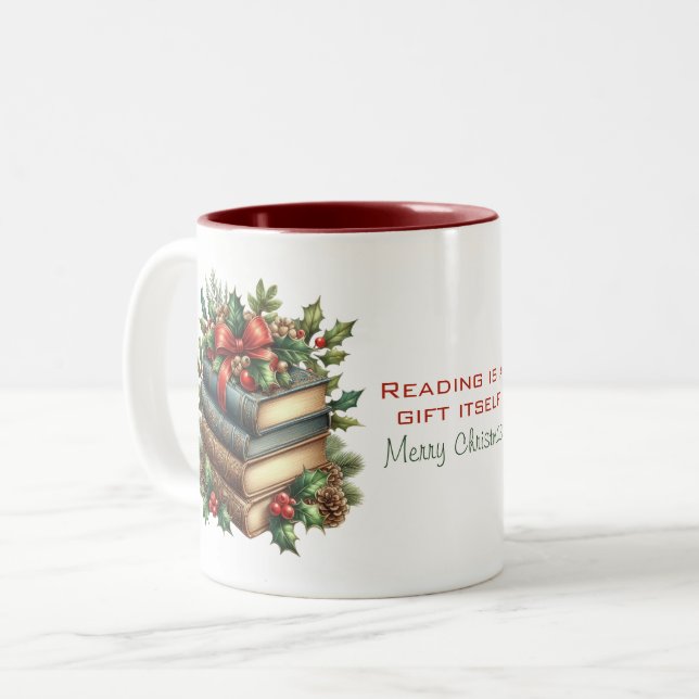 Stack of Christmas Novels Reading Quote Two-Tone Coffee Mug (Front Left)