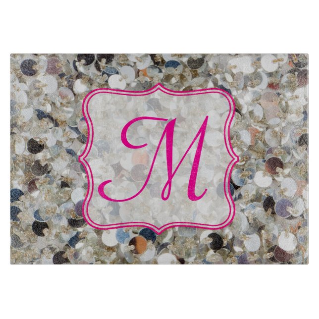 Stack of Glitter Monogram Glass Cutting Board (Front)