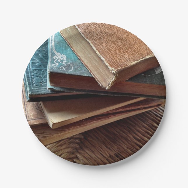 Stack of old used books paper plate (Front)