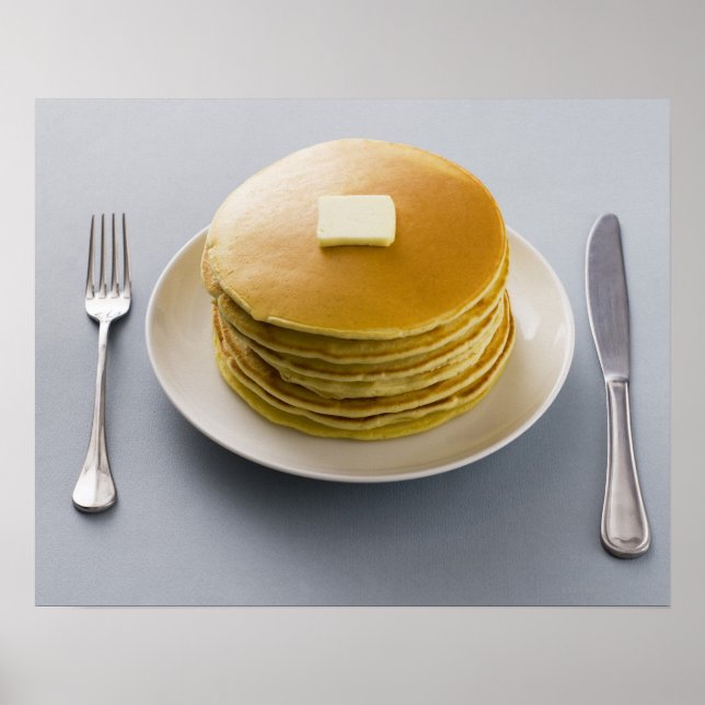 Stack of pancakes with butter on a plate poster (Front)