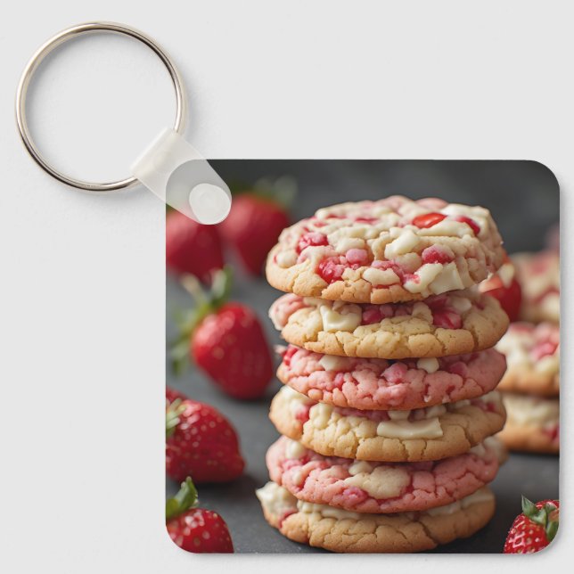 Stack Of Strawberry White Chocolate Chip Cookies Key Ring (Front)