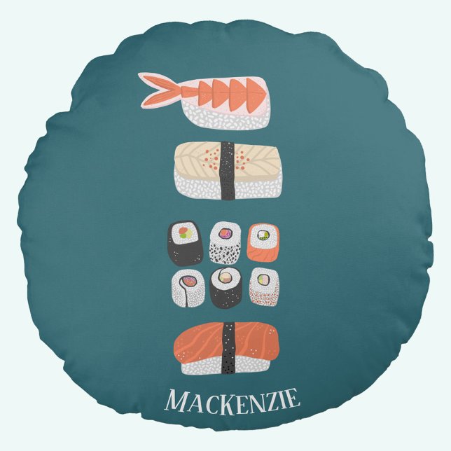Stack of Sushi Custom Name Round Cushion (Japanese sushi personalized teal green round pillow or cushion)