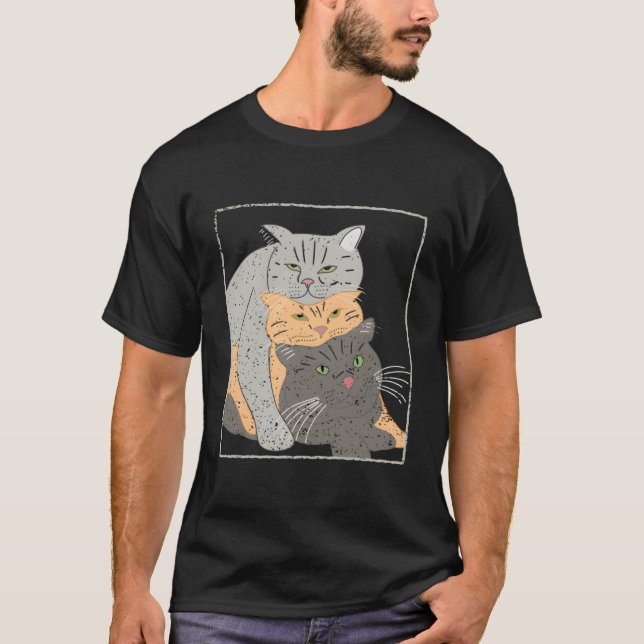 Stack Of Three Cats Cat Lovers Wordless Graphic T-Shirt (Front)