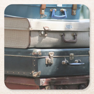 Stack of Vintage Suitcases Square Paper Coaster