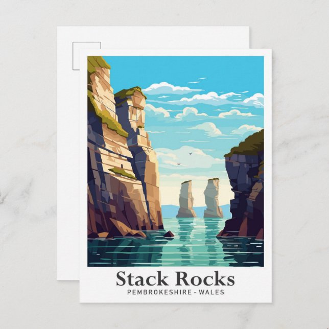 Stack Rocks Pembrokeshire Travel Illustration Postcard (Front/Back)