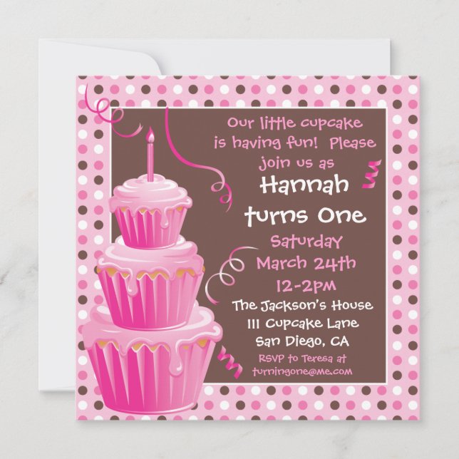 Stacked Cupcakes 1st Birthday Party with polkadots Invitation (Front)