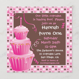 Stacked Cupcakes 1st Birthday Party with polkadots Invitation