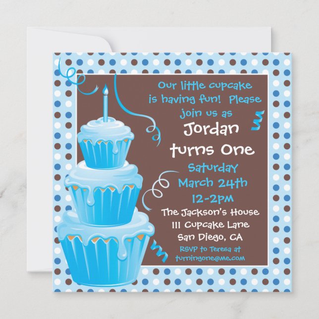 Stacked Cupcakes 1st Birthday Party with polkadots Invitation (Front)