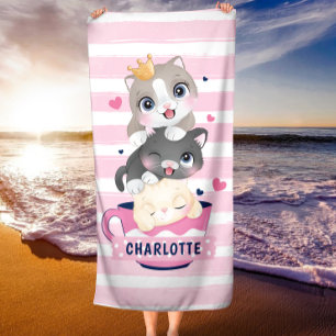 Stacked Cute Cartoon Cats Pink Distressed Stripes Beach Towel