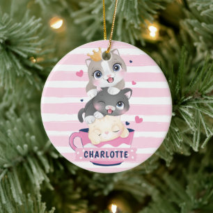 Stacked Cute Cartoon Cats Pink Distressed Stripes Ceramic Ornament