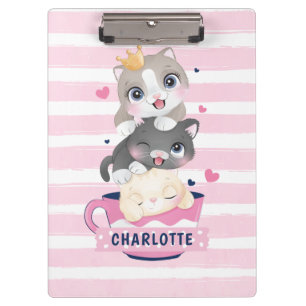 Stacked Cute Cartoon Cats Pink Distressed Stripes Clipboard
