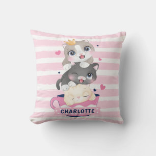 Stacked Cute Cartoon Cats Pink Distressed Stripes Cushion