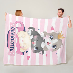 Stacked Cute Cartoon Cats Pink Distressed Stripes Fleece Blanket