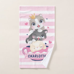Stacked Cute Cartoon Cats Pink Distressed Stripes Hand Towel