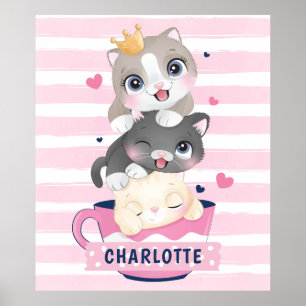Stacked Cute Cartoon Cats Pink Distressed Stripes Poster