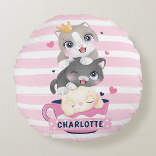 Stacked Cute Cartoon Cats Pink Distressed Stripes Round Cushion
