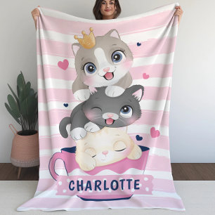 Stacked Cute Cartoon Cats Pink Distressed Stripes Sherpa Blanket
