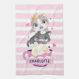 Stacked Cute Cartoon Cats Pink Distressed Stripes Tea Towel