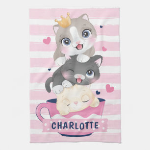 Stacked Cute Cartoon Cats Pink Distressed Stripes Tea Towel