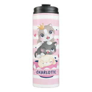 Stacked Cute Cartoon Cats Pink Distressed Stripes Thermal Tumbler