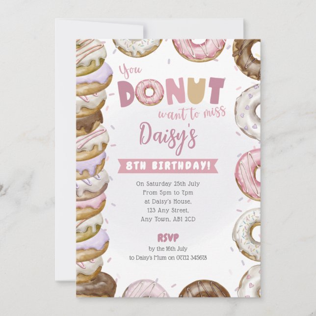 Stacked Donuts Birthday Invitation Pink & Purple  (Front)