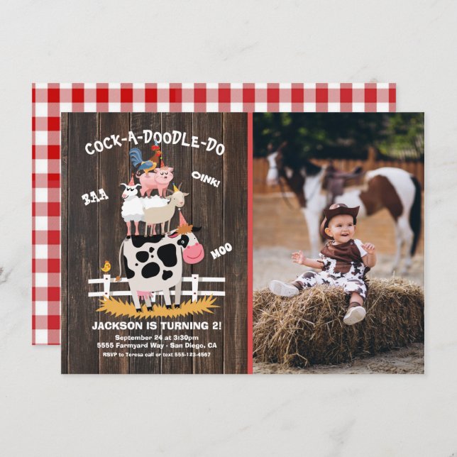 Stacked Farm Animals Barnyard Photo Birthday Party Invitation (Front/Back)