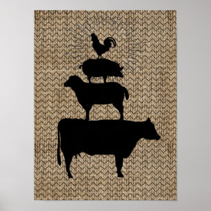 Stacked Farm Animals Silhouettes Poster