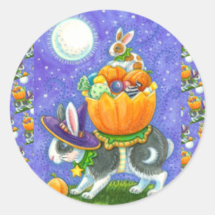 STACKED HALLOWEEN BUNNIES, CANDY CORN, COLORFUL  CLASSIC ROUND STICKER