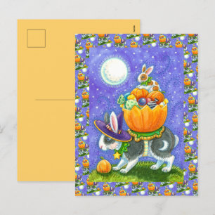 STACKED HALLOWEEN BUNNIES, CANDY CORN, COLORFUL HOLIDAY POSTCARD