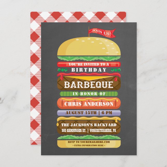 Stacked Hamburger Birthday BBQ Chalkboard Invitation (Front/Back)