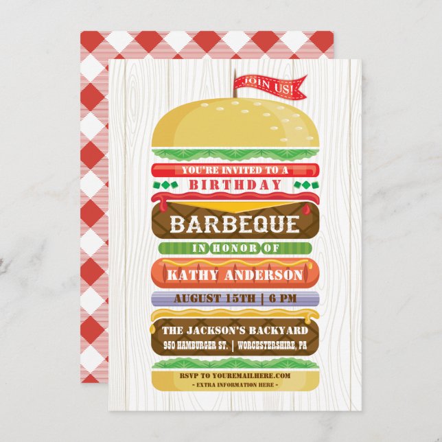 Stacked Hamburger Birthday BBQ Woodgrain Invitation (Front/Back)