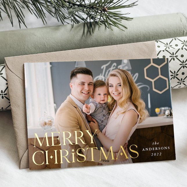 Stacked Merry Christmas Photo Gold Foil Holiday Card (Creator Uploaded)