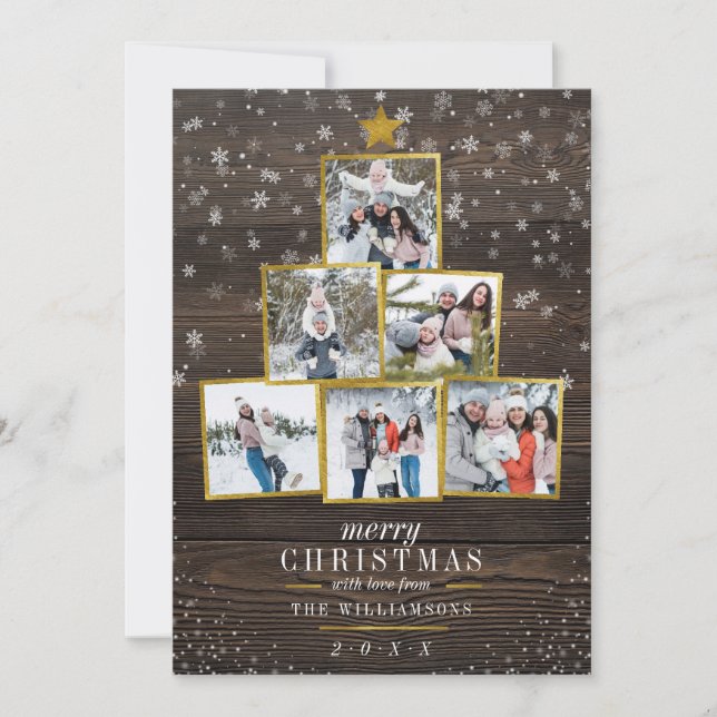 Stacked Photo Christmas Tree | Rustic Wood & Snow Holiday Card (Front)