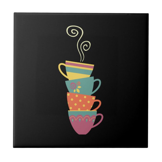 Stacked porcelain cuprs, tea, coffee steaming  ceramic tile (Front)