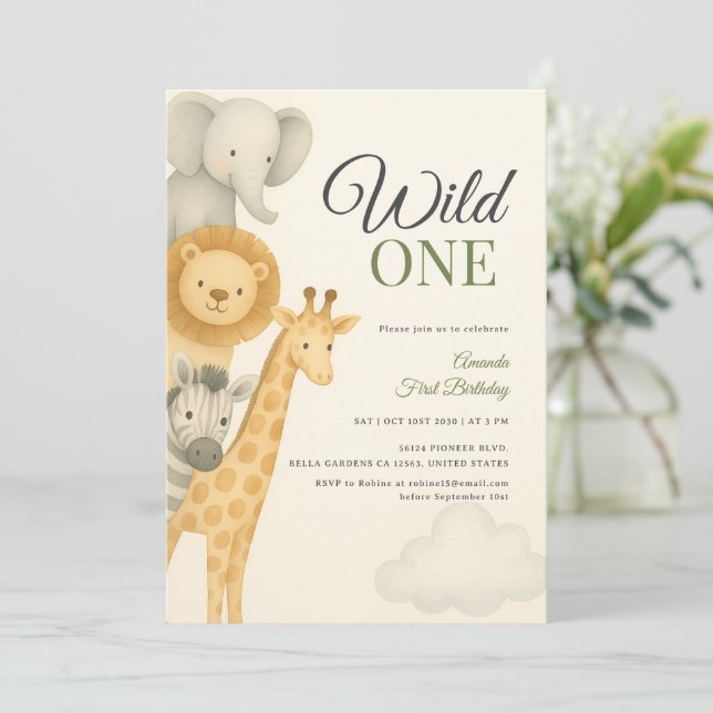 Stacked Safari Animals Baby Birthday Invitation (Standing Front)