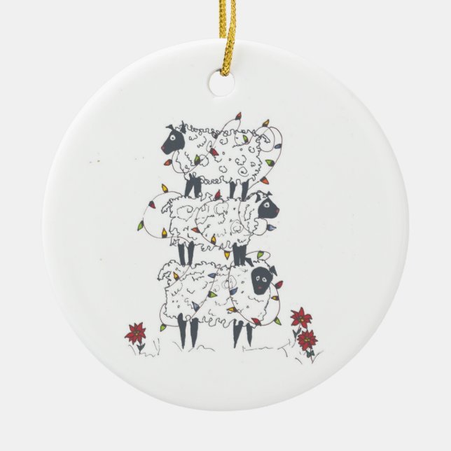 Stacked Sheep at Christmas Ceramic Tree Decoration (Front)