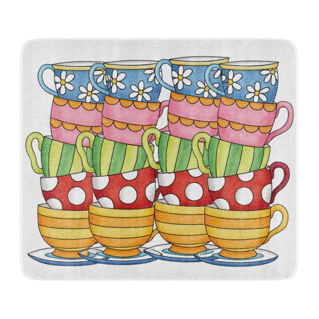 Stacked Teacups Teatime Illustration Cutting Board (Front)