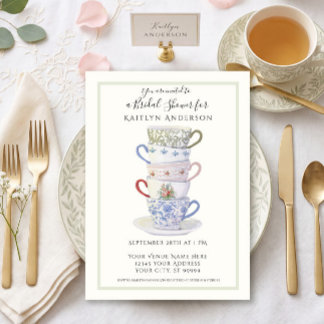 Stacked Teacups Vintage Watercolor Mint Bridal Tea