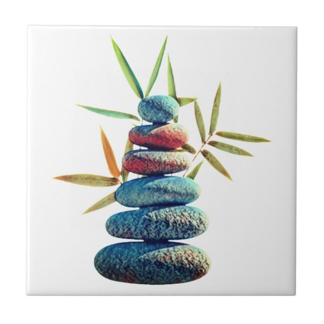 Stacked zen stones in balance with bamboo leaves.  ceramic tile (Front)