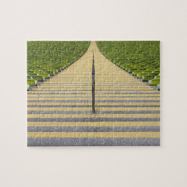 Stadium stairway between rows of green seats jigsaw puzzle (Horizontal)