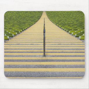 Stadium stairway between rows of green seats mouse pad