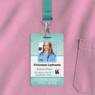 Staff Photo ID Barcode Logo Aqua Blue Glitter Name ID Badge
